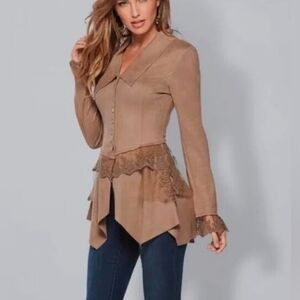 VENUS Women's Tan Faux Suede & Lace Western Boho Dress Jacket